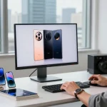 Innovative workspace showcasing a tech enthusiast using a tri-fold phone amidst modern gadgets and city views.