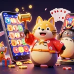 Engage with ao88's vibrant slot game scene featuring joyful tanuki and fortune cats.