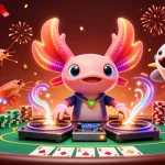 Join the 33wins excitement with a vibrant casino scene featuring a neon axolotl DJ and poker elements.
