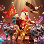 Engage in SC88 VIP adventures with a battle-ready rooster and fierce wolves in a vibrant casino scene.