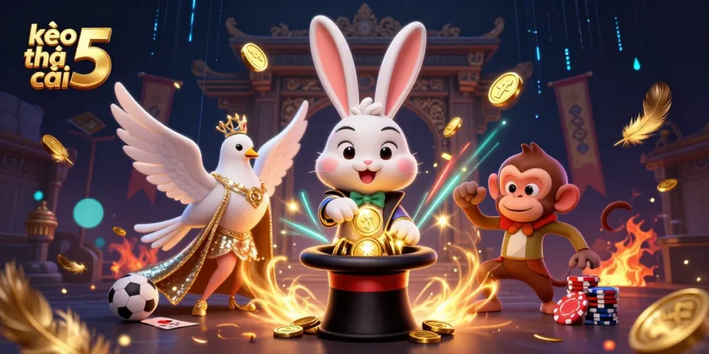 Engage with kèo nhà cái 5 through a vibrant scene of cartoon characters in action.