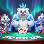 Experience Debet's thrilling poker action with a king polar bear and fox in a vibrant casino!