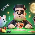 Engage with 566bet's exciting gaming scene featuring a spooky game table and thrilling characters.