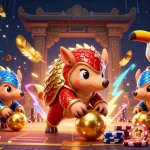 Xoilac TV features dynamic pangolins rolling into golden balls amidst vibrant poker chips, enhancing the online gaming experience.