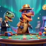 TR88 offers exciting gaming adventures with a velociraptor card counter at a lively blackjack table.