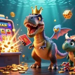 Experience the excitement with vipwin's 3D casino illustration featuring a T-Rex, pterodactyl, and triceratops amid slot machines and coins.