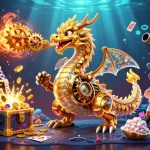 Experience TR88's vibrant gaming universe with a playful biomechanical dragon amidst treasures and dynamic elements.