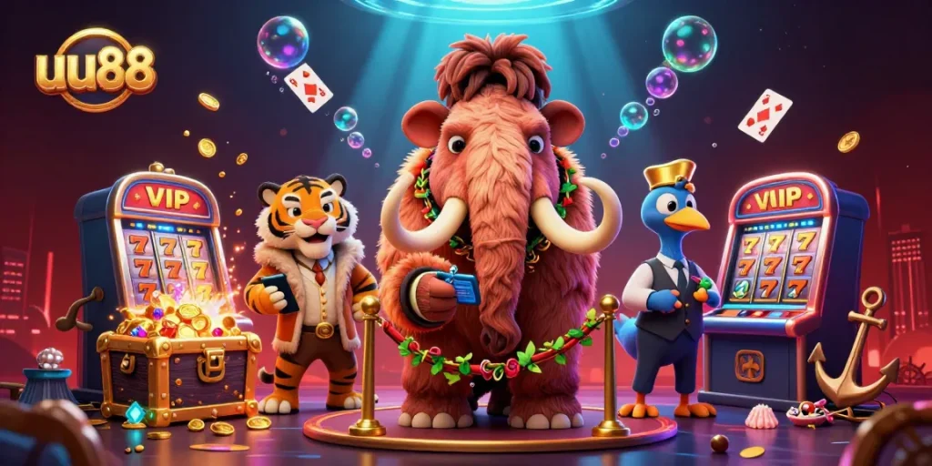 Experience thrilling gaming at uu88 with a vibrant casino scene featuring dynamic characters and slot elements.