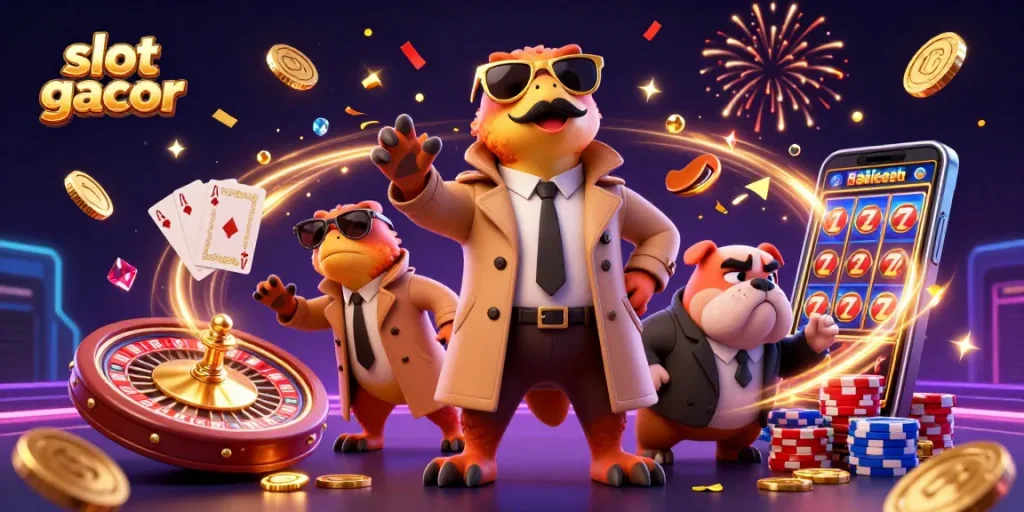 Engage in thrilling slot gacor gameplay with three raptors, confetti, and vibrant casino elements.