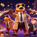 Engage in thrilling slot gacor gameplay with three raptors, confetti, and vibrant casino elements.