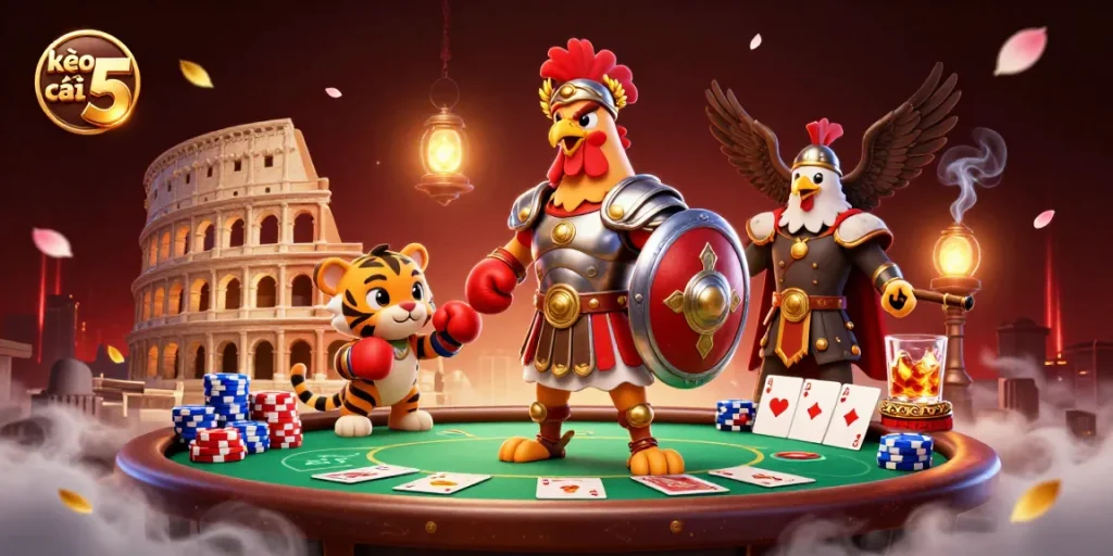 Experience kèo nhà cái 5 excitement with a dynamic 3D scene featuring a gladiator rooster and epic elements.