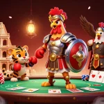 Experience kèo nhà cái 5 excitement with a dynamic 3D scene featuring a gladiator rooster and epic elements.