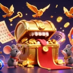 Immerse in the OKWIN gaming experience featuring a treasure chest enticing players with vibrant lottery balls and celebration.
