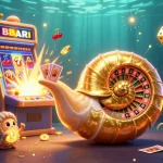 Engage with the exciting world of Debet casino featuring a dynamic nautilus as a roulette wheel, glowing treasures, and vibrant game elements.