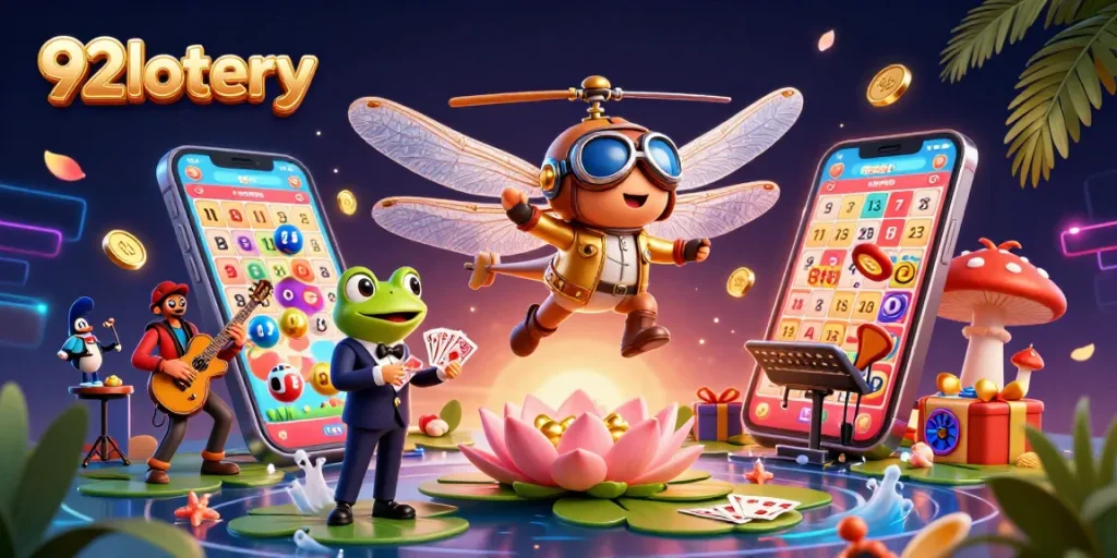 Experience the thrill of 92lottery with our vibrant 3D scene featuring a dragonfly pilot and frog dealer amidst gaming excitement.