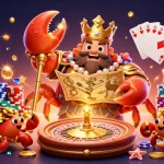 Experience the fun at illtudsgalileechapel with a golden crab emperor at a vibrant casino scene.