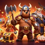 Experience winning at uu88 with a vibrant illustration of a Viking bear, Valkyrie eagle, and glowing elements surrounding slots.
