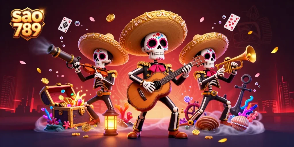 Sao 789's mariachi band celebrates with a treasure-themed casino scene, featuring colorful characters and sparkling game elements.