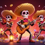Sao 789's mariachi band celebrates with a treasure-themed casino scene, featuring colorful characters and sparkling game elements.