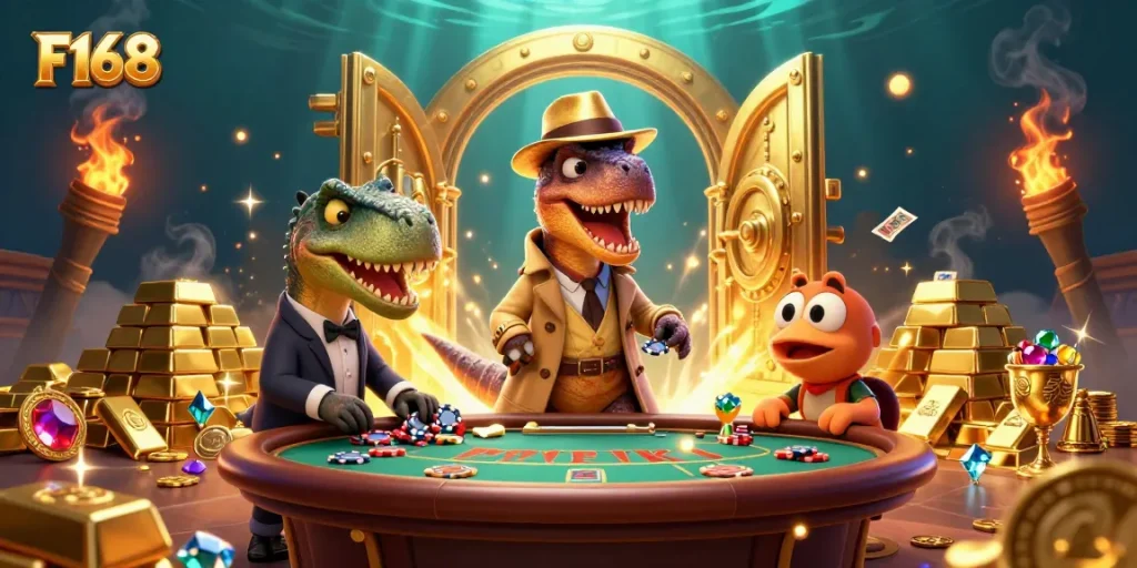 Watch the F168 velociraptor card counter sneakily playing blackjack while a stegosaurus pit boss watches over him.