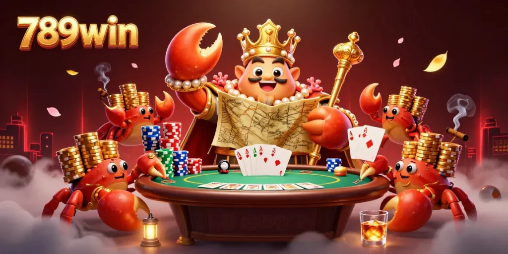 Experience thrilling wins with 789win's vibrant casino scene featuring a golden crab emperor and poker elements.