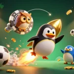 Engage with link new88 as a golden penguin zooms towards a sparkling casino space station.