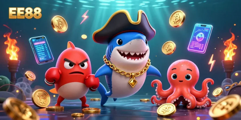 Engage with EE88's thrilling gaming adventure featuring a pirate shark, boxing pufferfish, and coin-holding octopus.