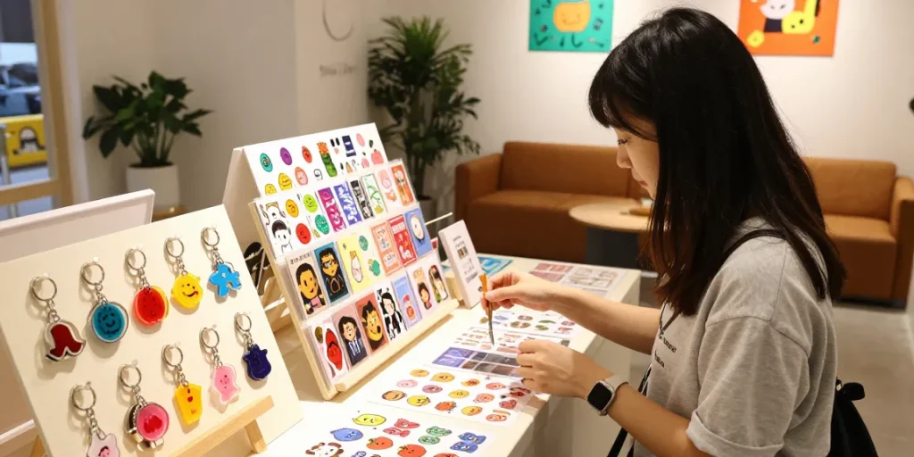 Custom keychains on display in a vibrant e-commerce shop, enticing shoppers with unique designs and colourful accessories.