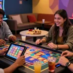 Friends enjoying a game of situs judi slot online terpercaya with colorful slot machine graphics on tablet.