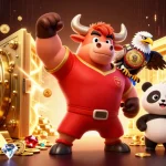 fly88 features a muscular bull mascot and eagle celebrating wins alongside a panda trophy holder in a vibrant casino
