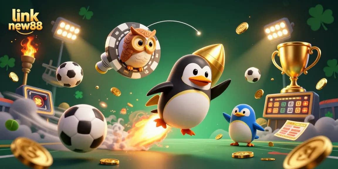 Engage with link new88 as a golden penguin zooms towards a sparkling casino space station.