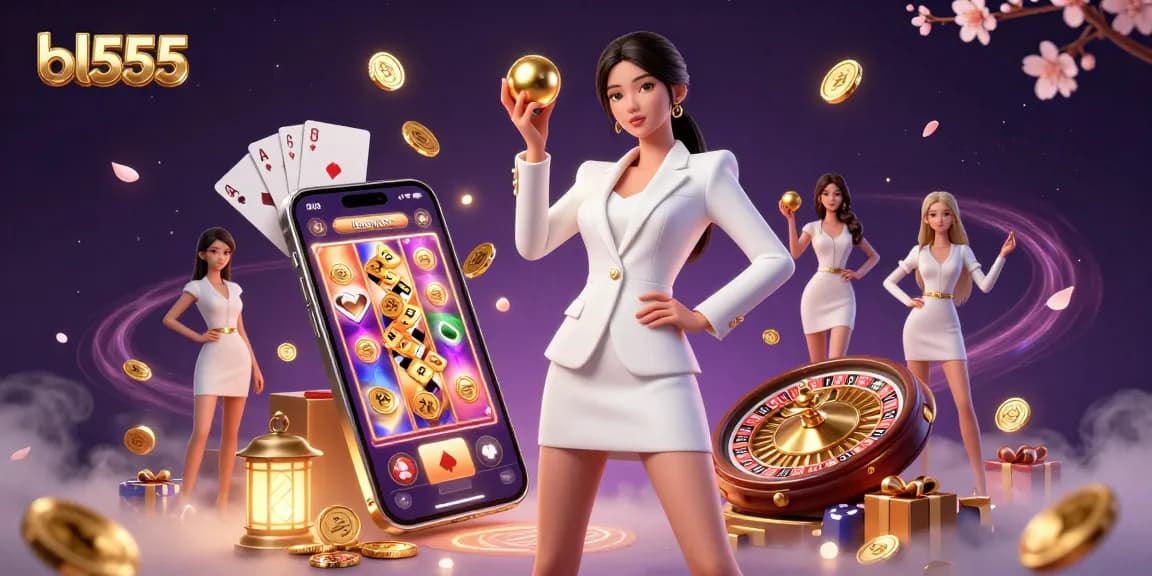 Experience the thrill of bl555 with a confident casino ambiance showcasing vibrant games and golden elements.