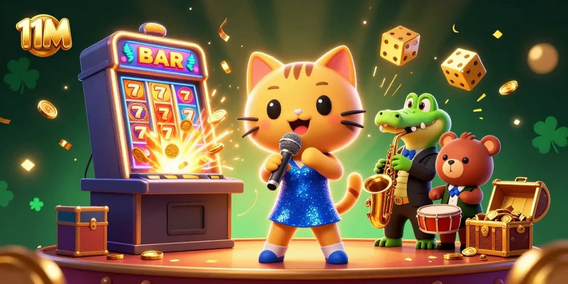 11M lively casino scene featuring a jazz-singer cat and musical friends celebrating a jackpot