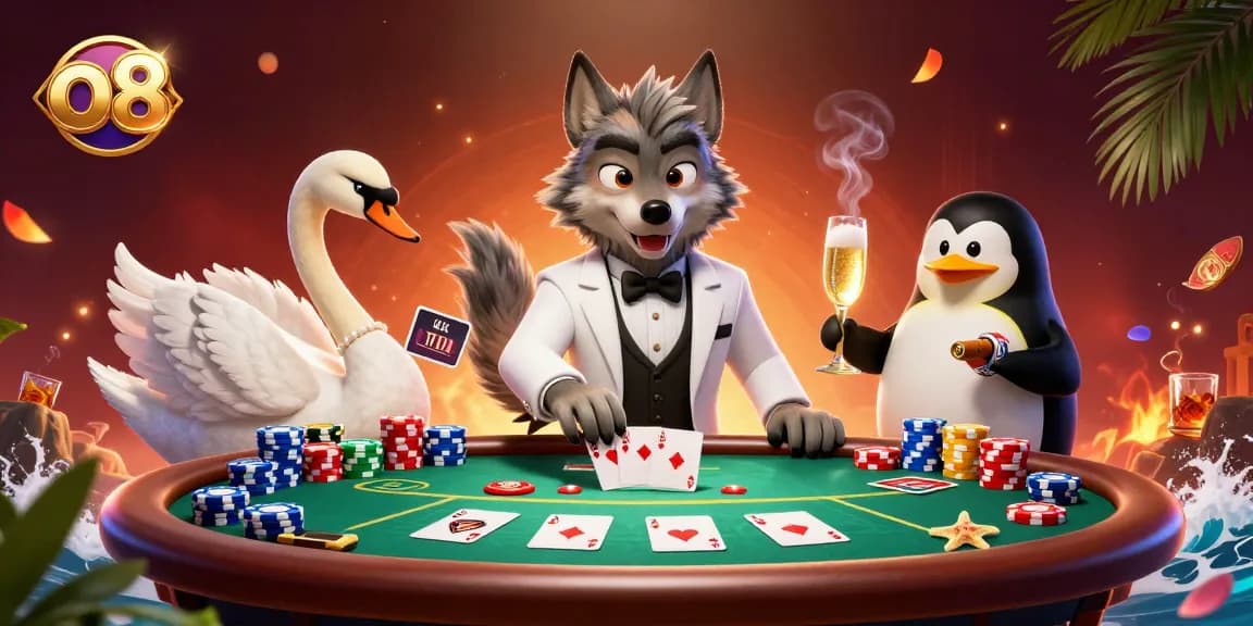 Experience thrilling baccarat with o8 featuring a dapper wolf dealer, elegant swan, and penguin sommelier.