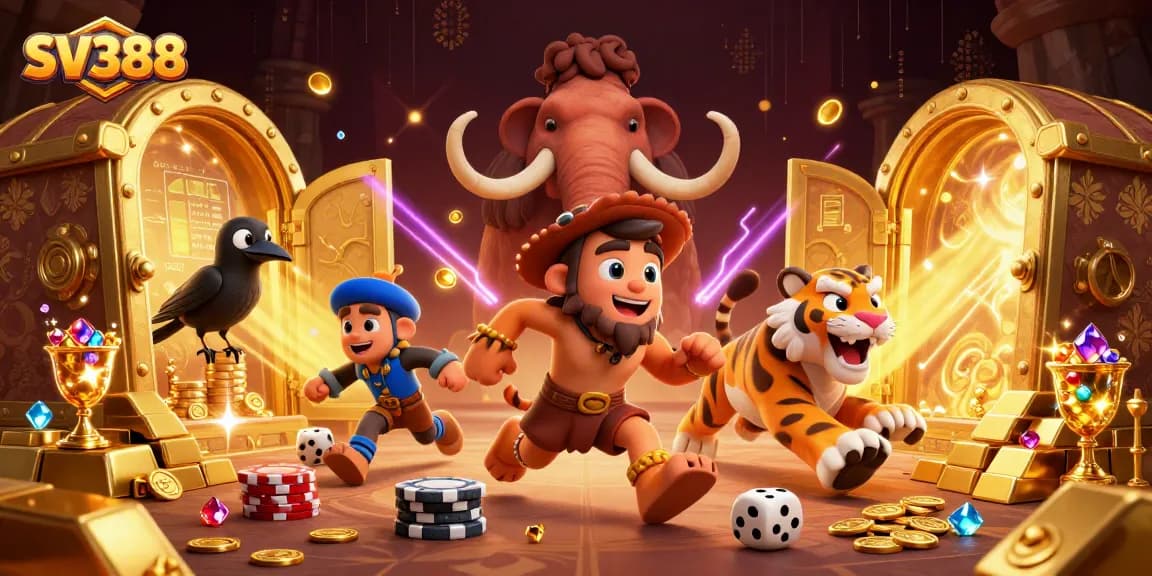 SV388 cockfighting scene illustrating action at a vibrant prehistoric casino with dynamic elements and characters.