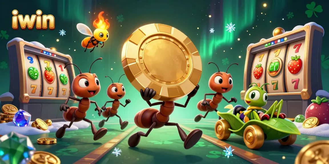 Join the iwin casino adventure with animated ants and golden poker chips in a vibrant heist scene.