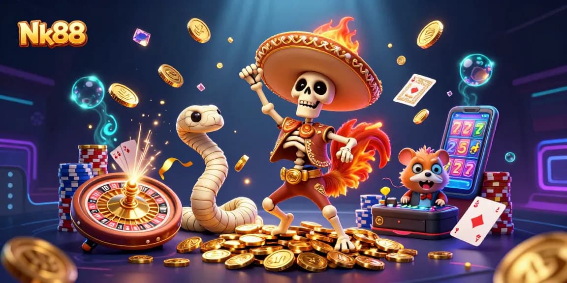 Experience thrilling gambling with Nk88 as a dancing skeleton and vibrant games shine in a rich casino scene.