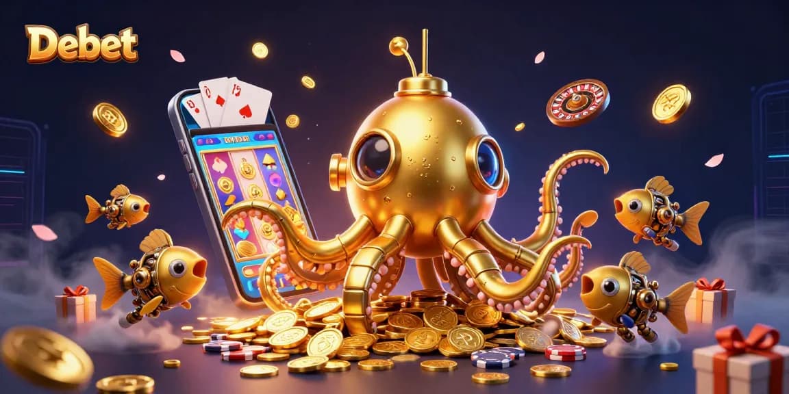 Experience the thrill of Debet with golden coins and slot games in a vibrant 3D world.