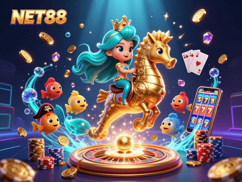 NET88 promotes engaging gameplay with a vibrant underwater casino scene filled with treasures.