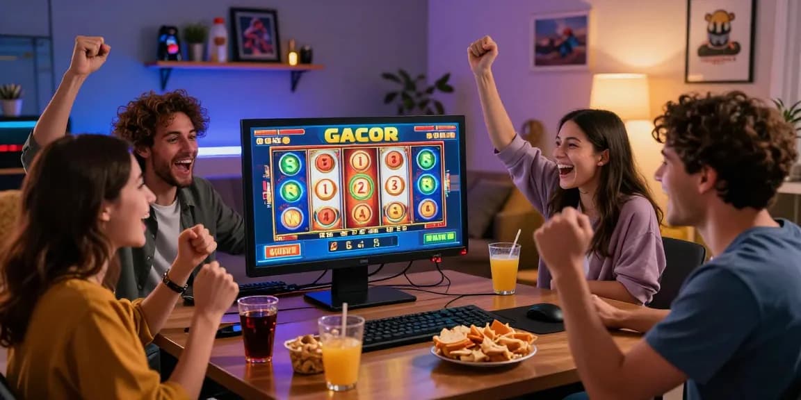 Excited friends celebrating a big win at a slot gacor game in a cozy living room.