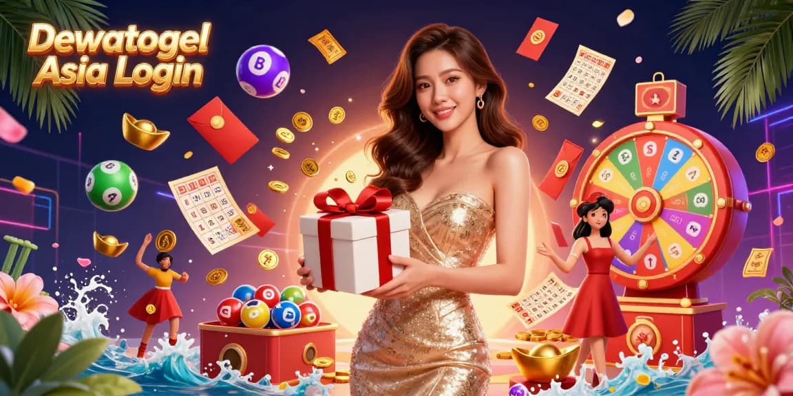 Dewatogel Asia Login showcases vibrant casino energy with a stunning Asian woman, lottery elements, and festive decorations.
