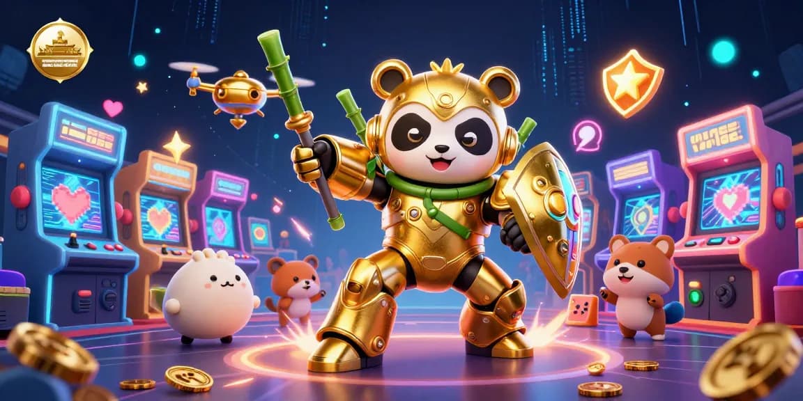 A lively scene depicting a helpful resource for comparing brand trust / martin holloway / editorial standards outside UKGC limits with a golden panda in a mech suit, colorful arcade machines, and vibr