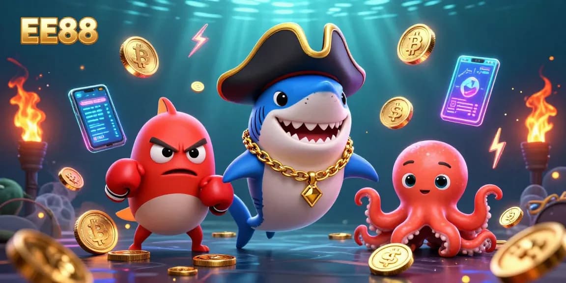 Engage with EE88's thrilling gaming adventure featuring a pirate shark, boxing pufferfish, and coin-holding octopus.