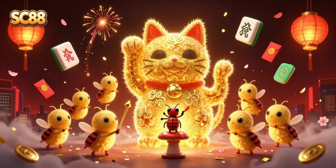 Engage with SC88's vibrant casino atmosphere featuring a lucky cat and dynamic symbols.