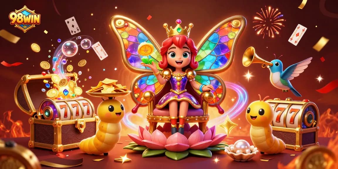 Engage with 98WIN's vibrant casino scene featuring a butterfly queen, gold coins, and dynamic game elements.