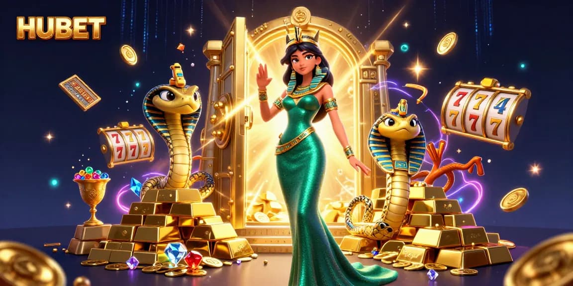 Engage with HUBET’s exciting casino experience featuring a glamorous woman and vibrant slot game elements.