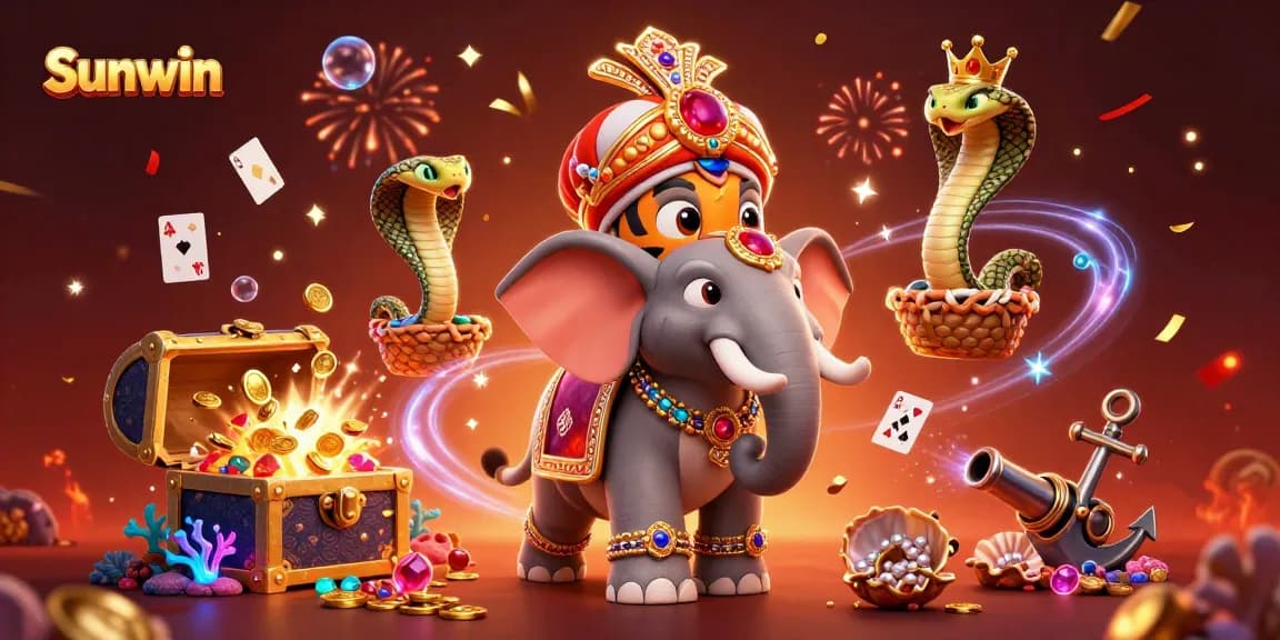 Experience fortune at Sunwin with vibrant casino-themed 3D scene overflowing with treasures and celebratory elements.