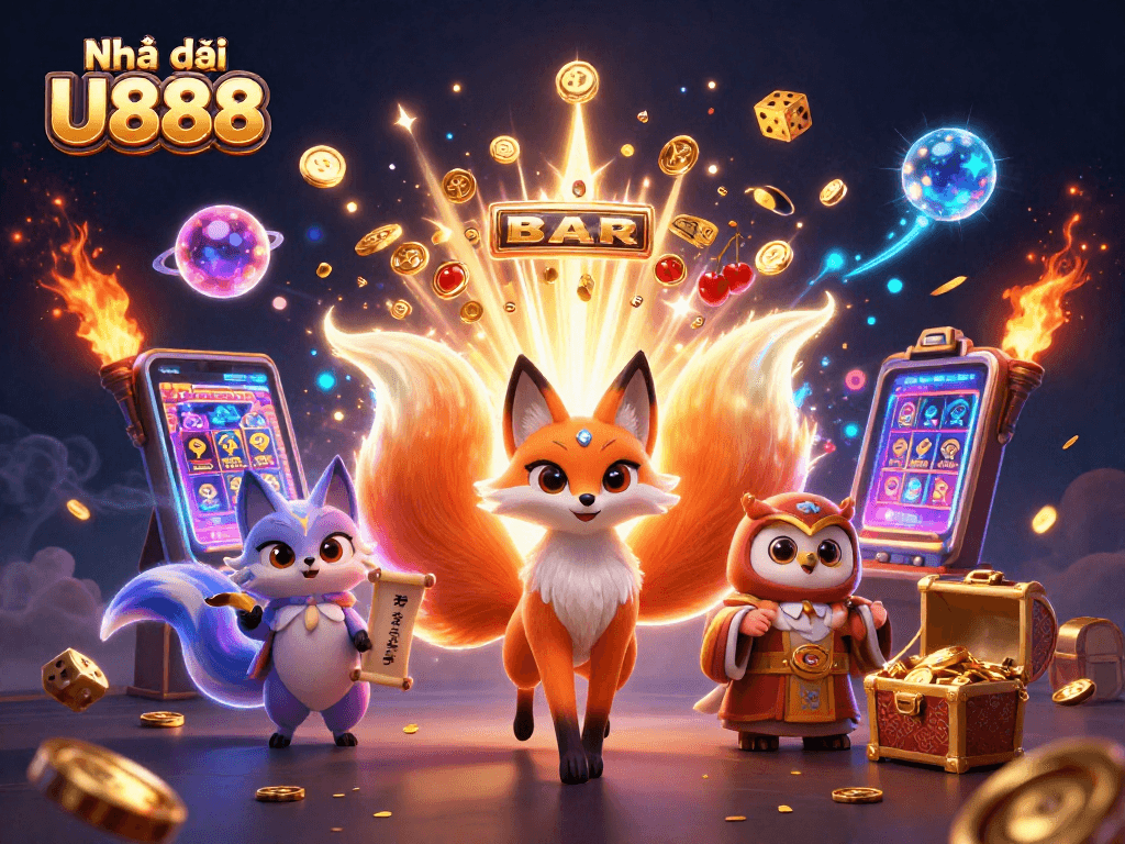 Experience the excitement of Nhà cái U888 with a vibrant 3D casino scene filled with dynamic gaming elements.