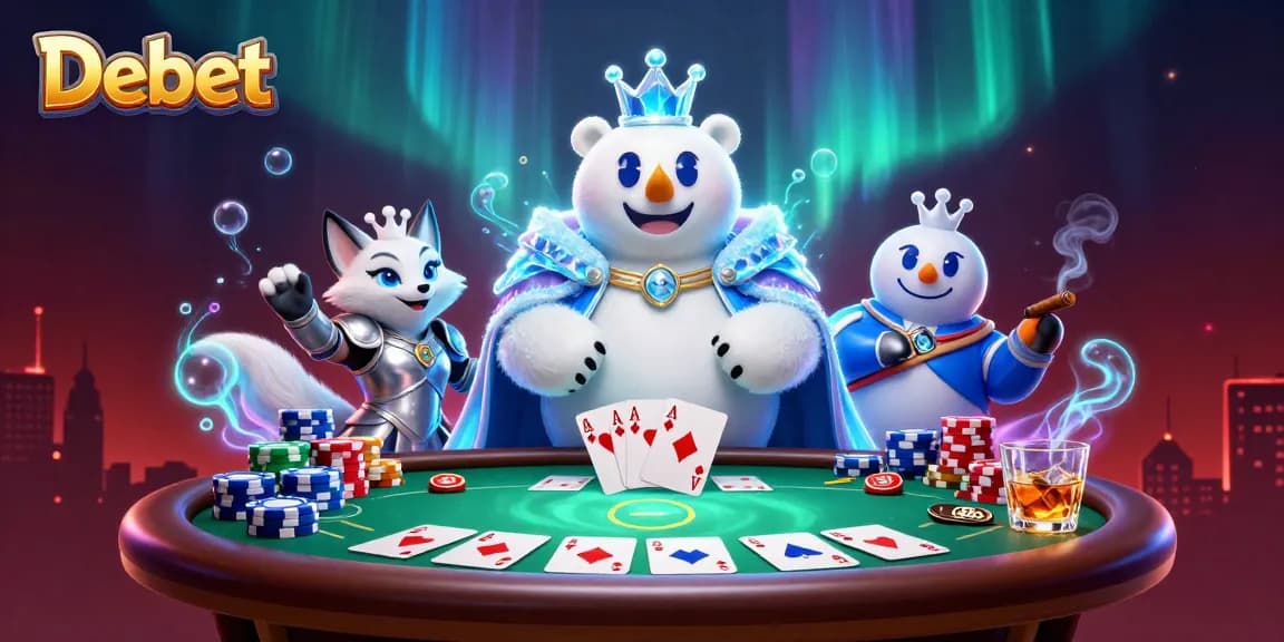 Experience Debet's thrilling poker action with a king polar bear and fox in a vibrant casino!