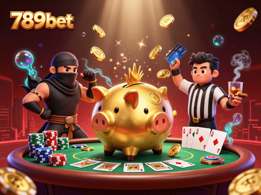 Engage with 789bet's thrilling cartoon scene featuring a golden piggy bank sumo wrestler and betting action.